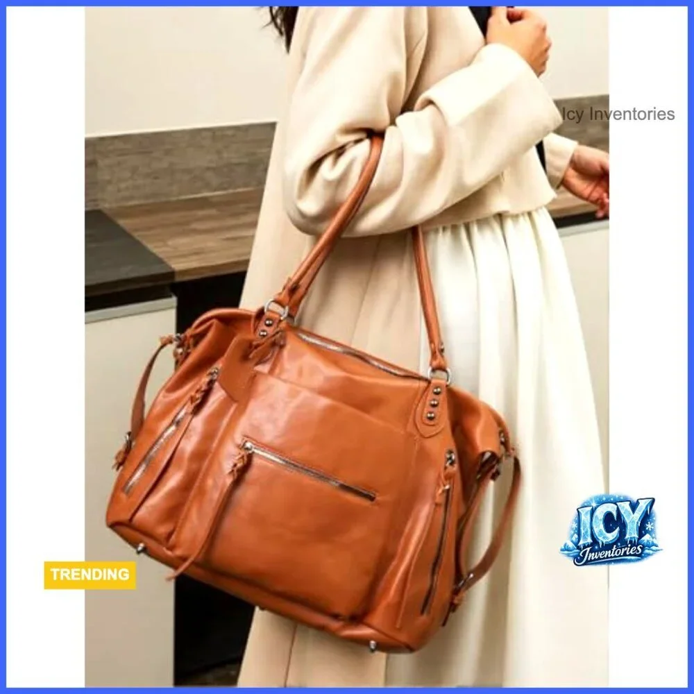 Large Vegan Leather Tote Bag with Zipper and Adjustable Strap